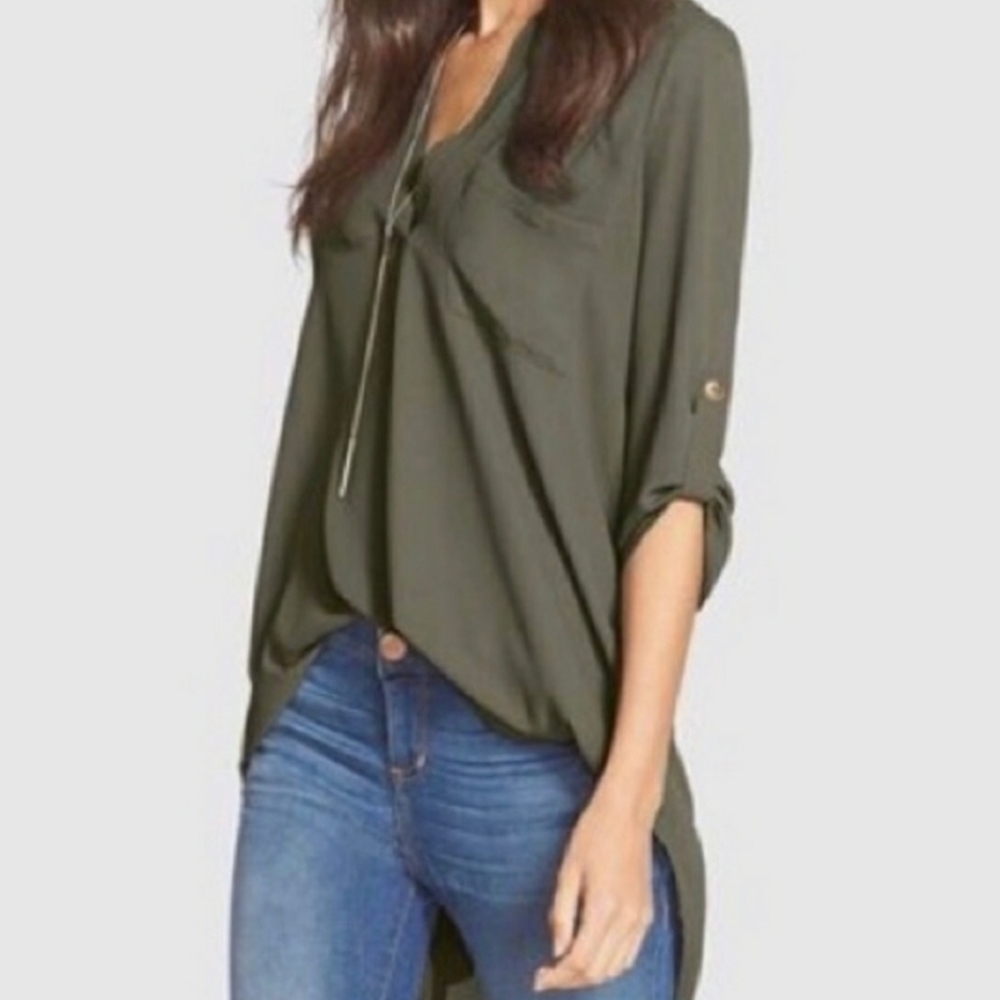 Lush Roll Tab Sleeve Woven Tunic